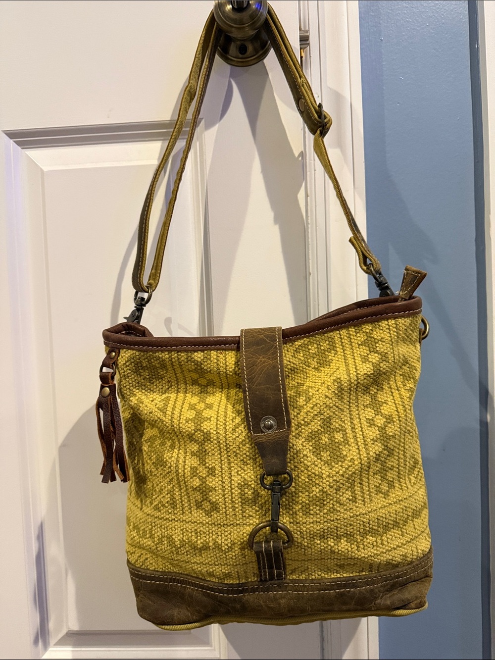 Myra Woven Shoulder Bag with Brown Leather Trim